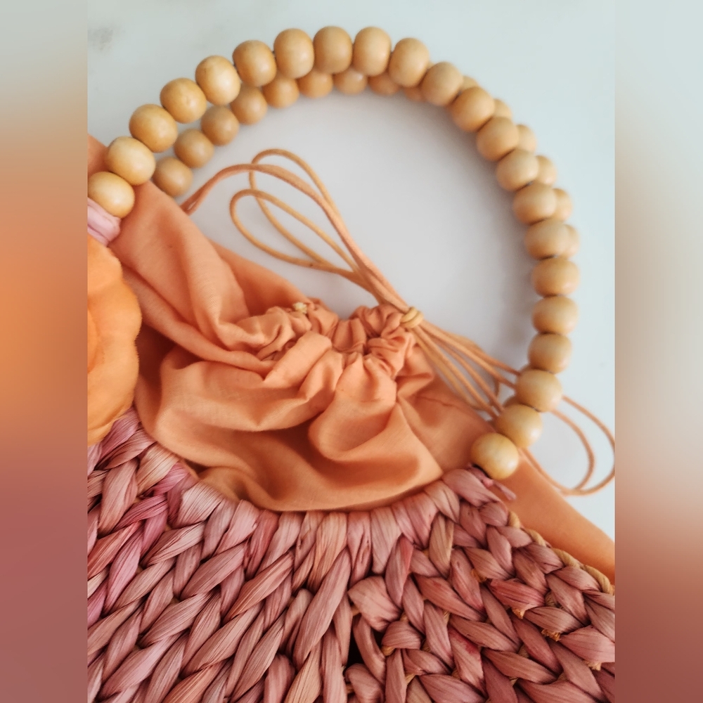 Orange Woven Summer Raffia Handbag with Gorgeous Orange Flower Accent - Picture 10 of 12